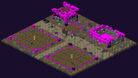 La ferme incendiée (aperçu ; le bois noirci apparaît en magenta)